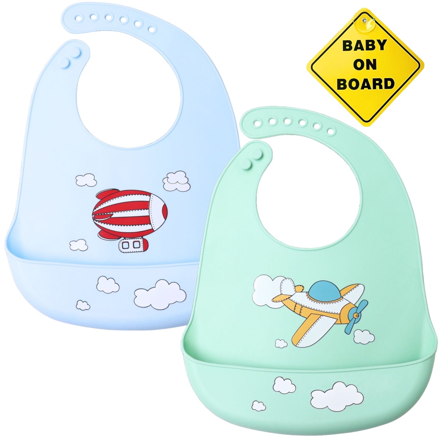 Silicone Bib with Print - 2 pieces - Blue and Green