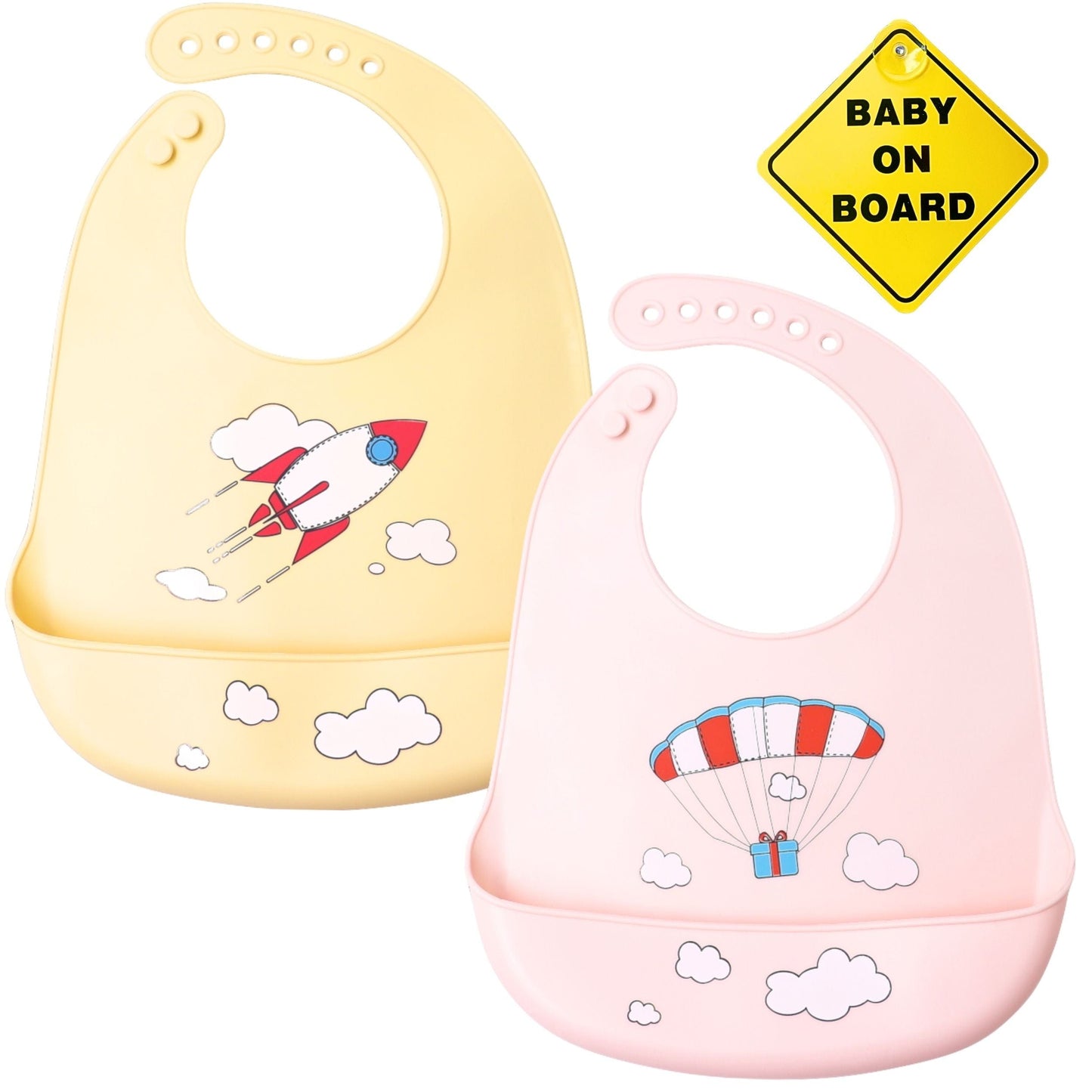 Silicone Bib with Print - 2 pieces - Khaki and Pink