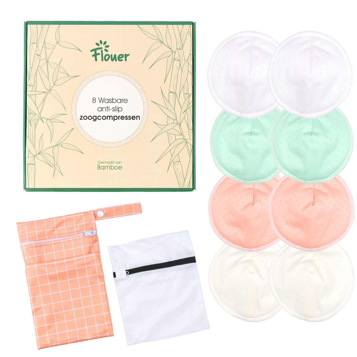 Washable Nursing Pads Anti-Slip - Including Transport Pouch and Laundry Bag - 8 Pieces